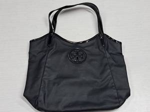 lot 219 image: Tory Burch Black Dipped Canvas Stacked T Logo Double Handle Handbag