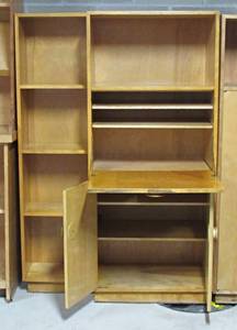 Tall Deco blonde wood bookcase pull-out deskhutch