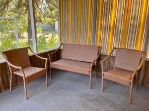 lot 5 image: Three Piece Rattan Style Patio Porch Furniture Loveseat and Two Armchairs