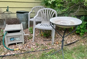 lot 135 image: Outdoor Lawn Furniture, Garden HoseReel, Heated Birdbath, Garbage Cans...