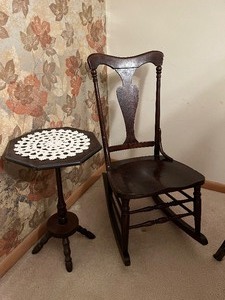 lot 16 image: Antique Smaller-Sized Rocking Open-Side Chair and Plant Stand