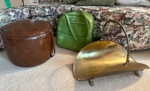 lot 29 image: Vintage MCM Brown Vinyl Ottoman, Funky Green Luggage Tote, Brass Log Rest Caddy...