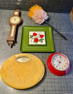 lot 82 image: Vintage MCM Home DeCor Divided Strawberry Serving Tray plastic Red Wall Clock Barometer Carpeted Foot Scale