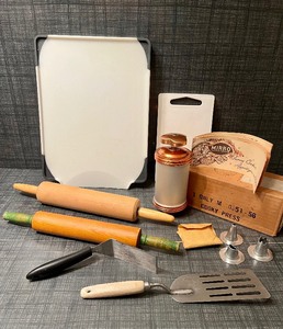 lot 56 image: For Bakers Only Cutting Boards, Vintage Rolling Pins, MCM Cookie Press with Box...