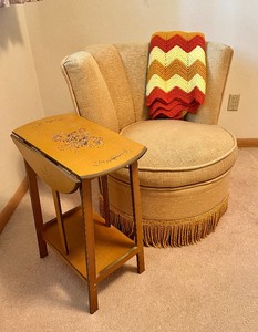 lot 30 image: 1950s Hollywood Regency Channel Back Barrel Swivel Boudoir Mustard Lounge Chair, Hand Painted Side-table, Afghan