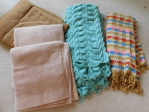 lot 198 image: Vintage Blanket Throw Afghan Knit Plush Soft Satin Edged Fringed