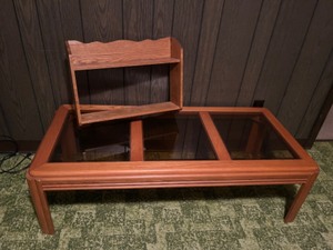 lot 160 image: Furniture Living Room Solid Oak Smoked Beveled Glass Coffee Table...