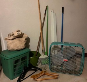 lot 166 image: Household Vintage DOMINION 1960s MCM Box Floor Fan, Utility Cleaning Supplies, Mops, Laundry BasketBag...