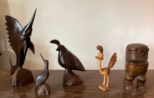 lot 28 image: Antique Collectible Wood Walnut Hand Carved Sculptures Swordfish Partridge Woodpecker Bird Tiki Figures...