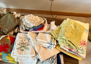 lot 193 image: Household Furnishings Decor Tabletop Crocheted Needlepoint Knit Linen Doilies, Towels and More...