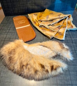 lot 192 image: Vintage 1950s Womans Handmade Quilt-Lined Fur Neck Collar Throw Wrap Shrug Stole Accessory, Mens Monogrammed Ties Zipper Leather Case, Gold Christmas Tree Skirt Pinecones