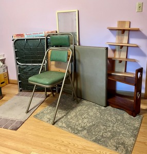 lot 174 image: Household Furniture Vintage Card Table 2 Chairs, CotBed, Shelves, Rugs, Mirror...