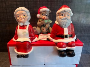 lot 180 image: Vintage MCM Holiday Christmas DeCor Ceramics Perch Sitting Mr. & Mrs. Claus with Teddy Bear Music Box