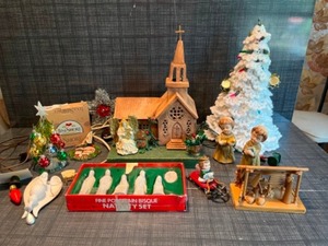 lot 181 image: Vintage MCM Holiday Christmas DeCor Lighted ChurchTree, Hand Carved Creche, Little Monk Friar Porcelain Figures...