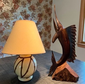 lot 27 image: Antique Vintage Mid 20th Century Hand Carved Swordfish Sculpture in Walnut, Faux Bamboo Table Lamp