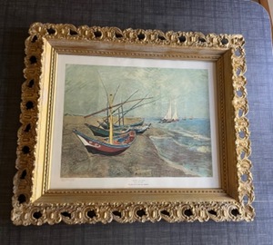 lot 94 image: Antique Ornate Framed Ship Print Vincent Van Gogh Ships of Saintes Maries (1853-1890)