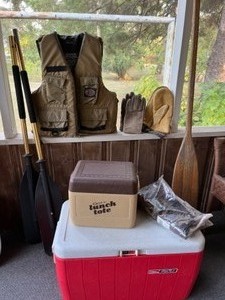 lot 133 image: Camping & Hunting Supplies Coolers, Stearns XL Life Vest, Canoe Paddles