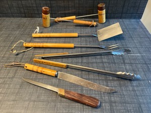 lot 52 image: Vintage Adirondack Grilling Utensils with Salt and Pepper Shaker