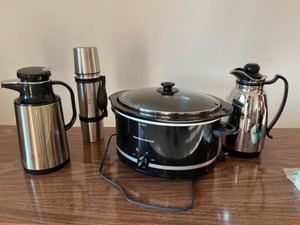 lot 57 image: Vintage Household Kitchenware SS Carafe Coffee Pot, Thermos and Hamilton Beach Slow Cooker Crock Pot...