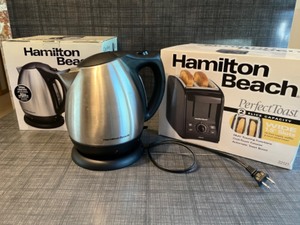 lot 53 image: Kitchen Ware Countertop Appliance Hamilton Beach Toaster NIB and 10 Cup Electric Kettle SS Coffee Pot