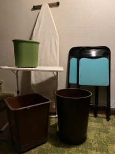 lot 162 image: Household Furniture Utility Rolling Cart, Chairs, Ironing Board, Garbage Cans...