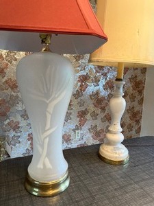 lot 19 image: Household Furnishings Lighting Table Lamps MCM Frosted Etched Glass, Milk Glass