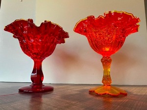 lot 32 image: Vintage Collectible Fenton Red Amberina Glass Cabbage Ruffled Edge Stem Vase Compote Rose Bowl, Ruby Red Glass Thumbprint Pedestal Compote Candy Dish Gold Crest...