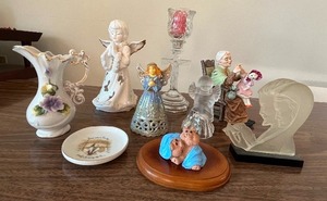 lot 87 image: Collectibles Porcelain Figurines Vases Angels Candle Holder Trinkets