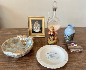 lot 70 image: Collectibles Table Top Vintage Ashtray, Figurine, Vase, Bowl