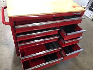 Husky 42 in. W x 18.1 in. D 8-Drawer Red Mobile Workbench Cabinet with Solid Wood Top Customer Returns See Pictures