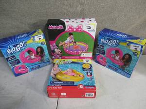 lot 182 image: Lot of 3 Inflatable Baby Care Seats and 1 Disney 3-Ring Pool