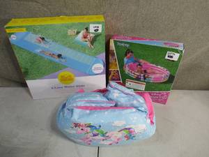 lot 188 image: Lot of 2-Lane Water Slide-Disney Princess 3-Ring Inflatable Pool- 2 in 1 Swimming Trainer