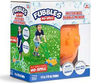 lot 151 image: Little Kids FUBBLES NO Spill Bubble Lawn Mower  Includes 4oz Non Tox Refill Solution  Automatic Bubble Blower Machine  Toddler Outdoor Bubble Toy, Orange