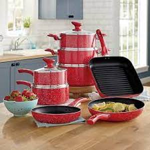 lot 211 image: 13-Piece Granite Aluminum Cookware Set - Red