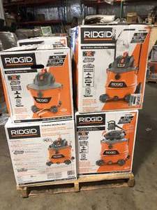 lot 1 image: Pallet of Assorted Ridgid WetDry Shop Vacs Various Sizes and Conditions Customer Returns See Pictures