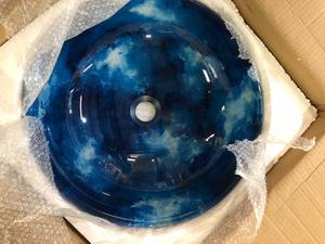 lot 22 image: 16.5 in. Contemporary Artistic Glass Round Vessel Sink Faucet & Pop Up Drain Included in Ocean Blue Customer Returns See Pictures
