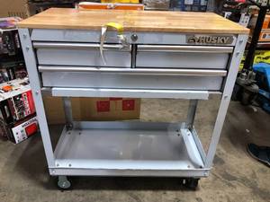 lot 18 image: 36 in. 3-Drawer with Solid Wood Top, Stainless Steel Utility Cart  Customer Returns See Pictures