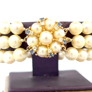 Stunning Triple Strand Sapphire and Cultured Akoya Pearl Bracelet. Appraisal value $4000