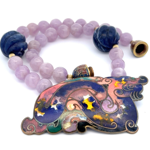 David Kuo Champleve Enamel, Sodalite & Lavender Quartz, Brass Bead Necklace. Sea Serpent.