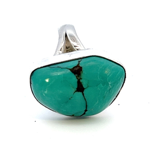 Sterling Silver Ring, Set With Greenish Turquiose With Matrix Lines . Size 7.25 - 7.5.