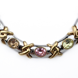 Ciner, Jeweled Hugs & Kisses, White & Yellow Base Metal Collar Necklace. Colored Rhinestones.