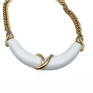 Monet Bold White Crescent Yellow Base Metal Necklace. Yellow Scroll Trim