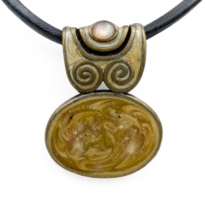 Chicos Earth-Tone Oval Enameled Pendant Base Metal Leather Cord Necklace .