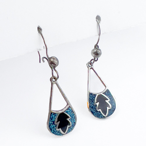 Taxco Mexico Sterling Silver French Wire Earrings . Turquiose Mosaic Inlay With Black Enamel
