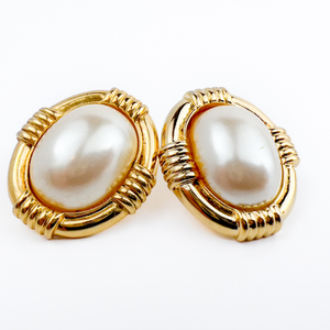 Givenchy Yellow Plated Metal Pierced Earrings. Imitation Pearl Buttons
