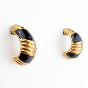 Napier Yellow Plated Metal Half-Hoop Pierced Earrings. Black Inlay Details.