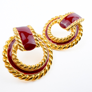 Casual Corner Yellow Plated Metal Pierced Earrings . Red Enamel