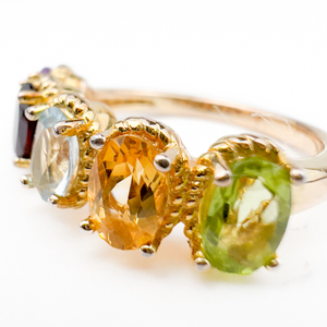 Colorful Yellow Plated Sterling Silver Ring, Set With Multicolor Stones. Size 7.