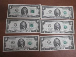 6 UNCIRCULATED Consecutive Serial Number $2.00 Bills