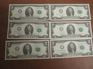 6 UNCIRCULATED Consecutive Serial Number $2.00 Bills  All lots in this auction came from the same bundle, lotted consecutively